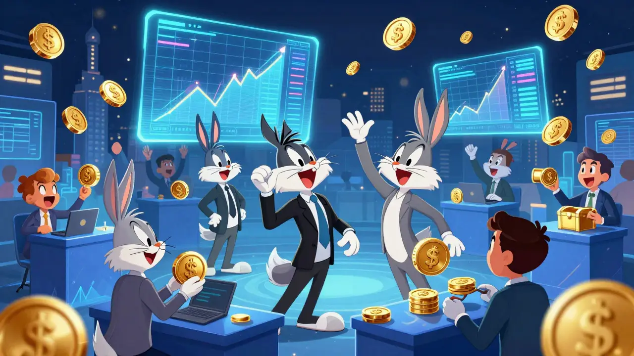 DeFi marketplace with trading coin characters celebrating