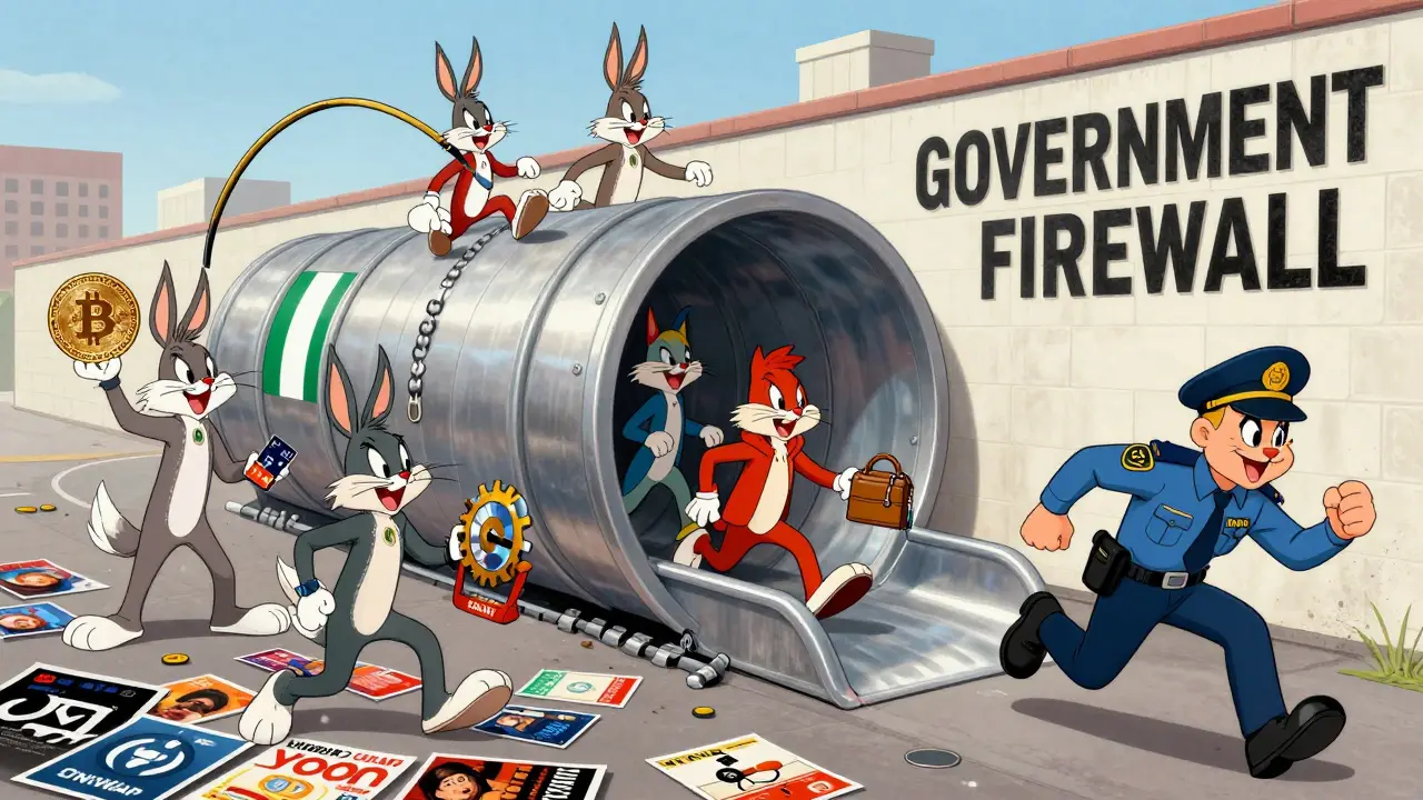 Diverse users slide through a VPN tunnel to bypass a government firewall, using gift cards and decentralized exchanges.