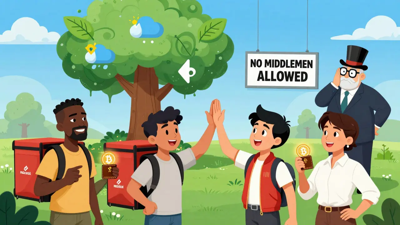 Global users celebrate instant crypto payouts from blockchain insurance, as a tree of data leaves grows behind them.