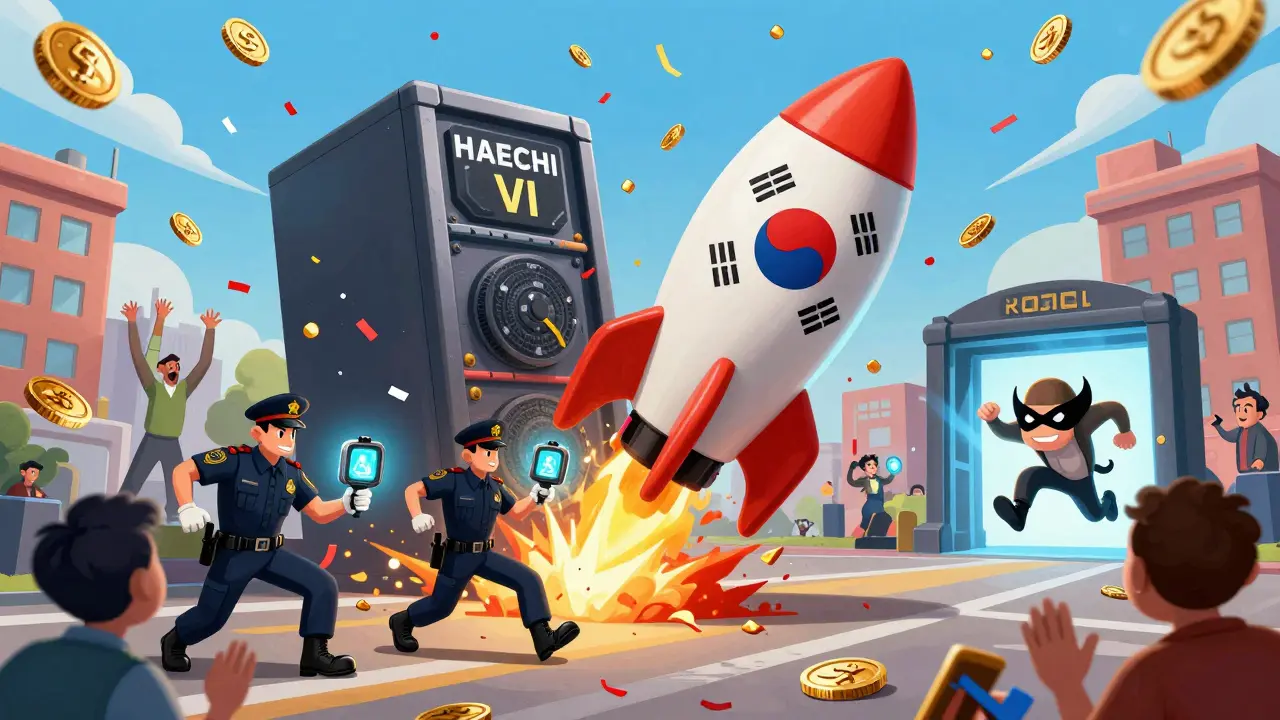Officers from multiple countries leap from a blockchain rocket to dismantle a giant scam server, with money raining down on cheering victims.