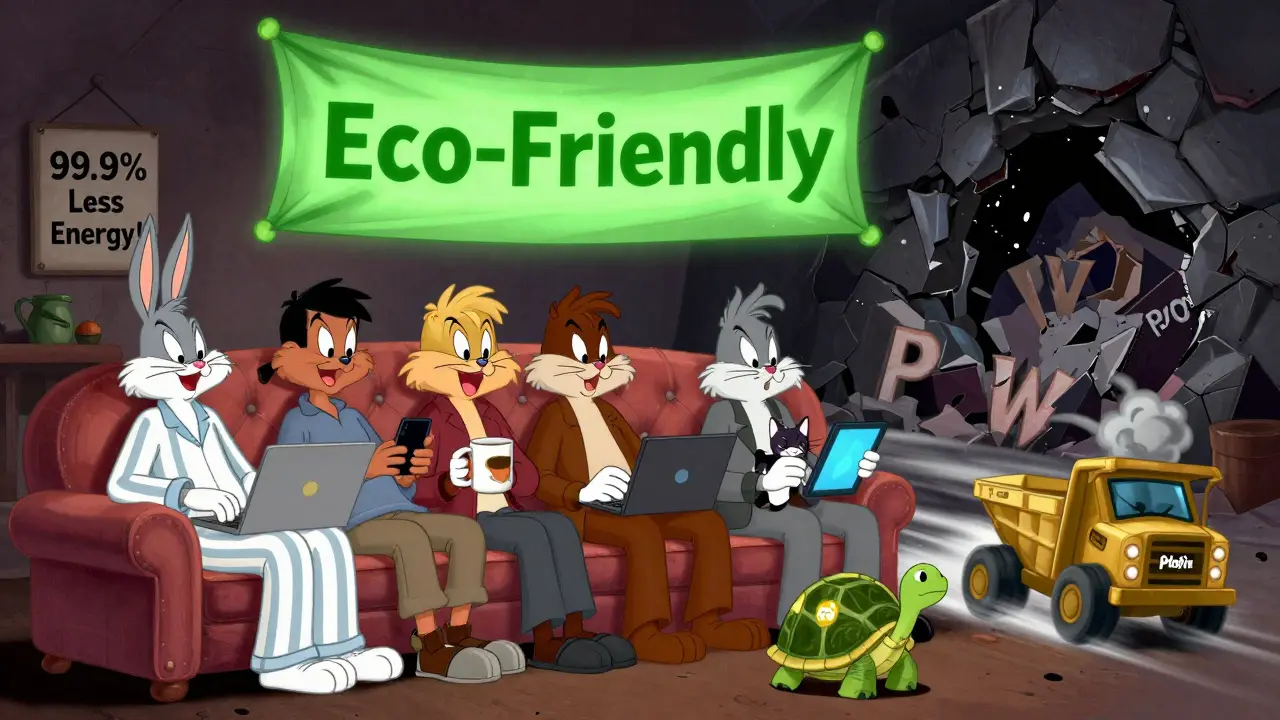 People staking crypto on everyday devices while a mining operation crumbles behind them, highlighting eco-friendly crypto adoption.