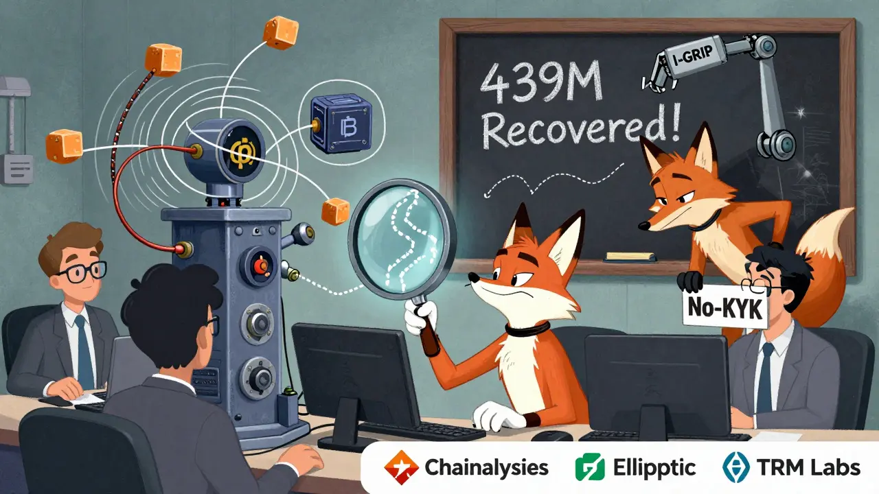 Quirky analysts operate a wild machine tracing crypto theft, as a cartoon fox gets caught by a robotic arm labeled 'I-GRIP'.