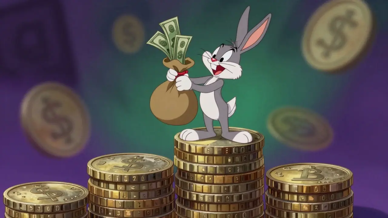 Rabbit character on diamond tier coins with overflowing money bag.