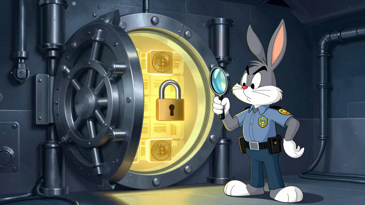 Security guard checking a vault door with glowing crypto blocks inside.