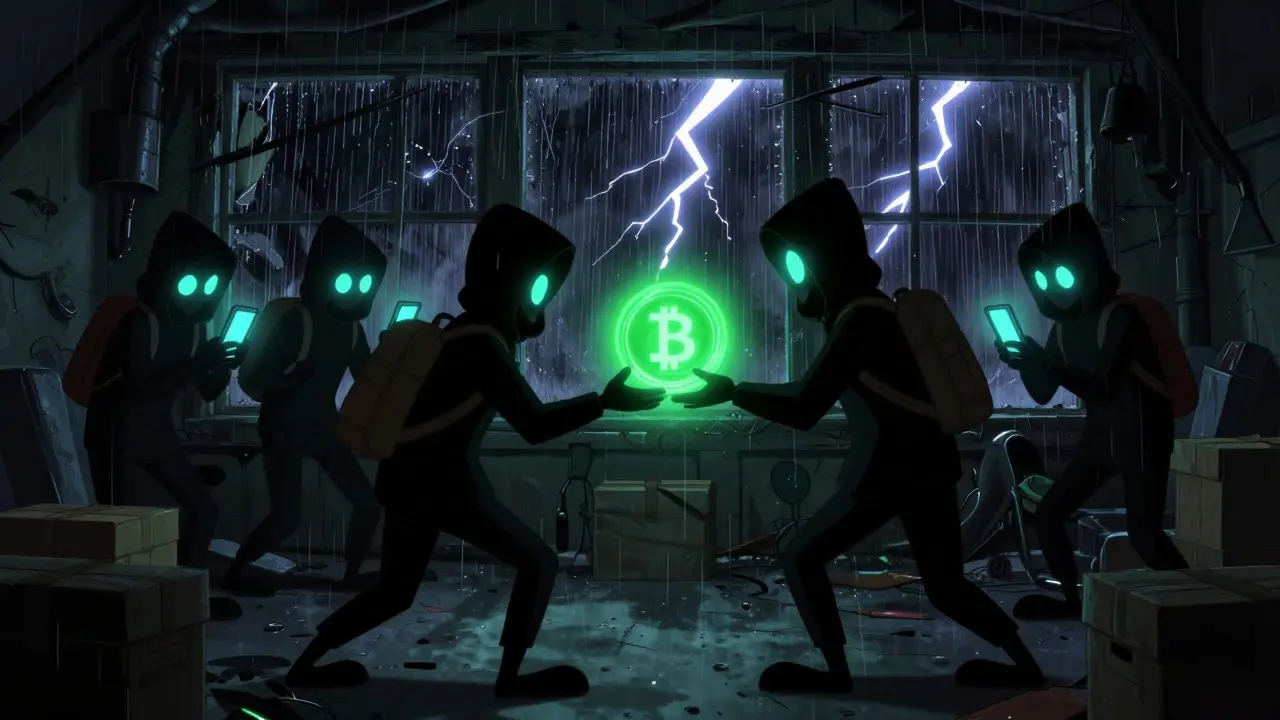 Shadowy figures exchanging glowing digital orbs in a dim basement during storm