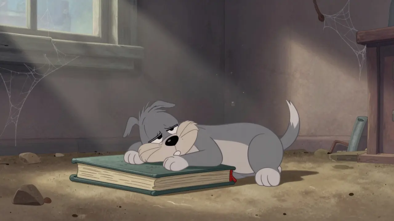 Sleeping cartoon dog resting on dusty ledgers in an abandoned room.