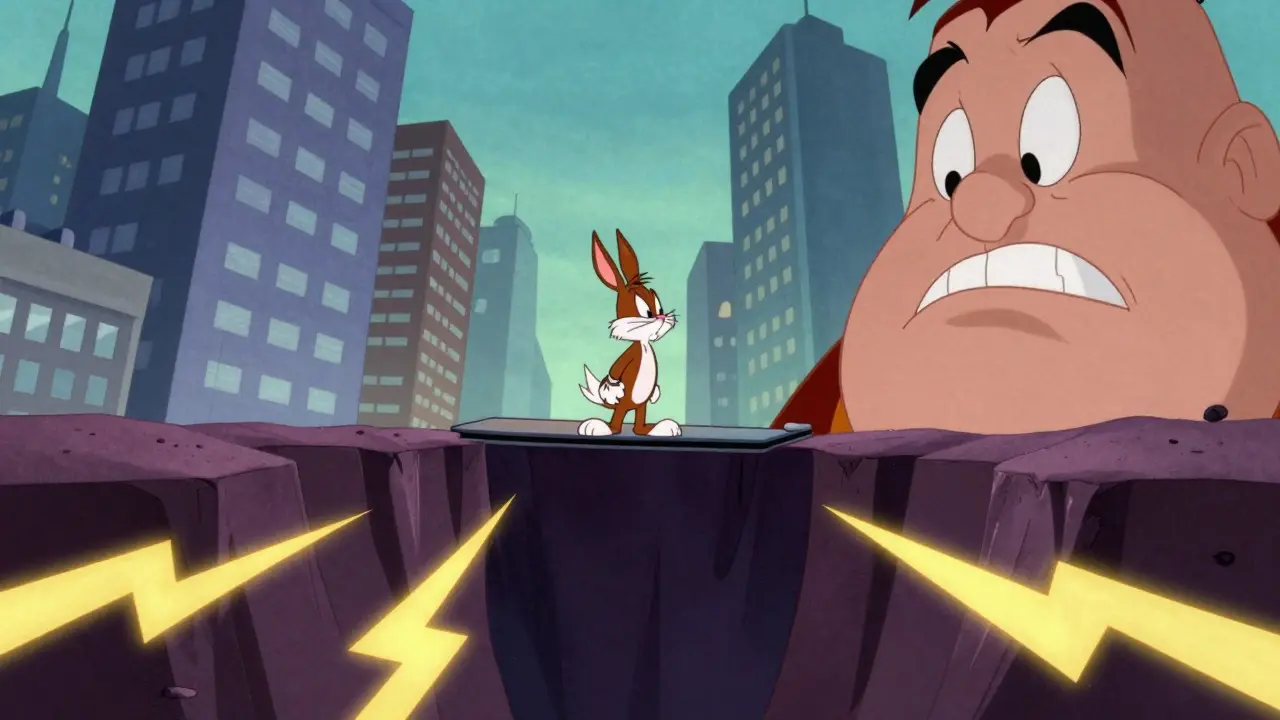 Small character standing on a precarious ledge near giant market towers.