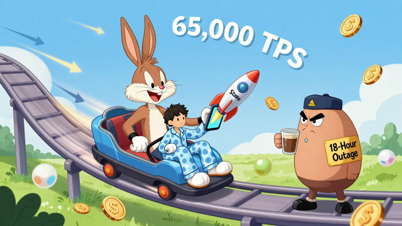 Solana rollercoaster with a user staking .30 worth of coins and a grumpy validator sipping coffee.