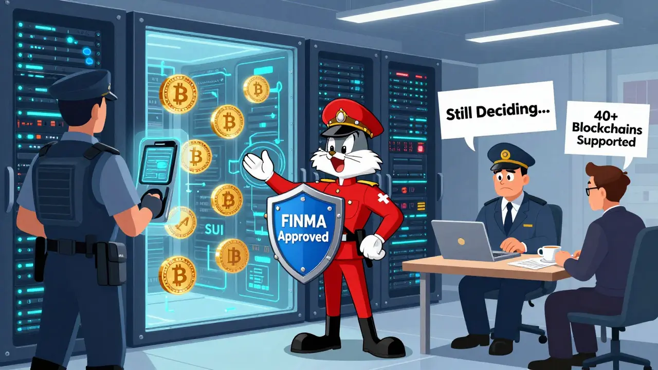 Swiss data center with glowing crypto tokens and FINMA-approved guard, while confused U.S. regulator looks on, Looney Tunes style.