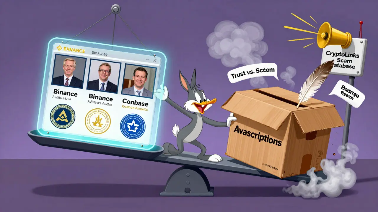 Trust scale collapsing under cardboard Avascriptions box, in Looney Tunes style.