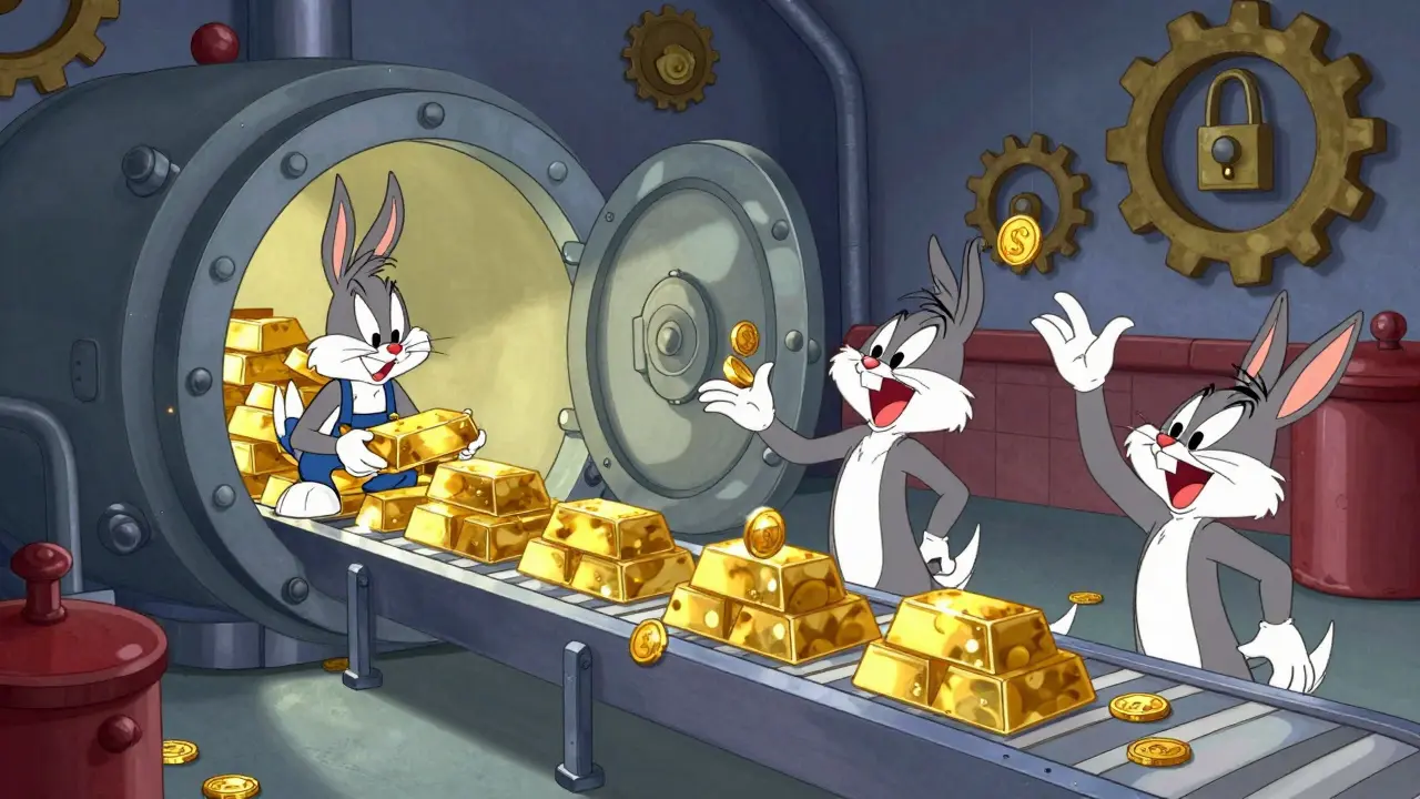 Vault and minting factory with animated coin workers