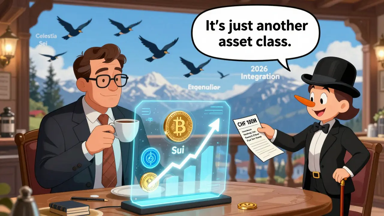 Wealthy investor enjoys crypto staking rewards with Swiss bank teller, blockchain logos flying toward 2026, Looney Tunes style.