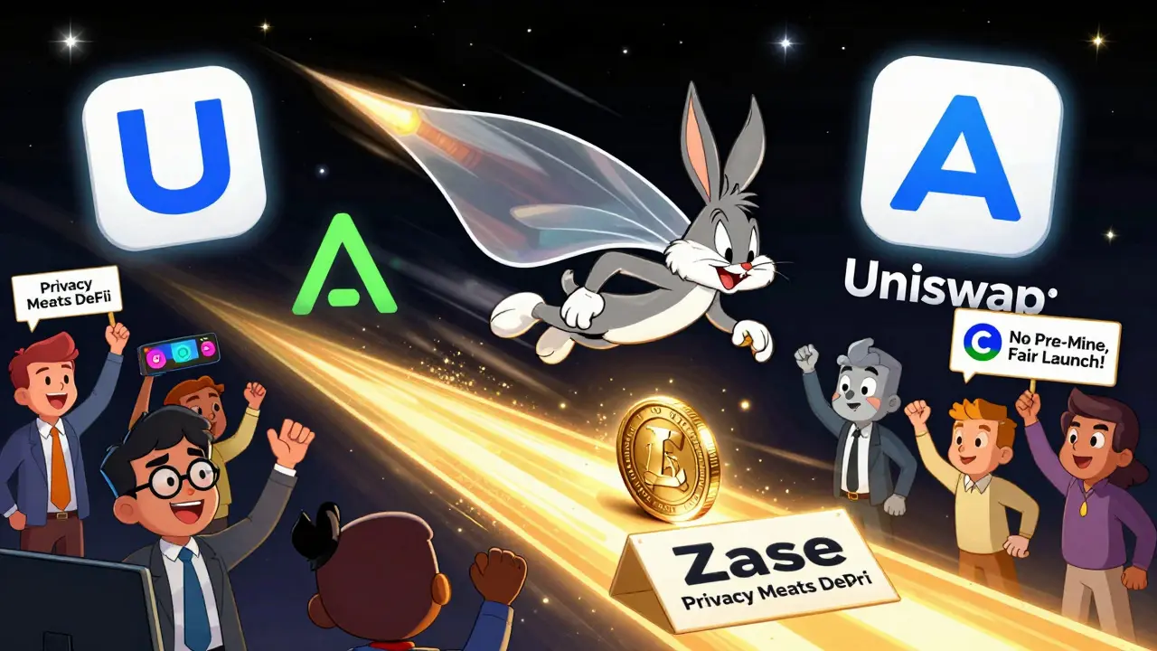 ZEN coin in an invisibility cloak flying toward DeFi platforms on a golden runway labeled 'Privacy Meets DeFi'.