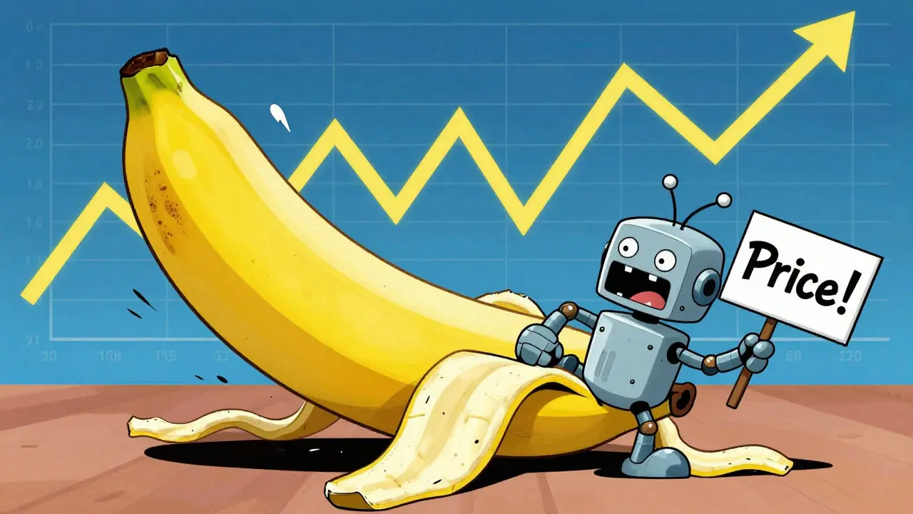 A cartoon robot oracle tripping over a banana peel with a volatile price chart.