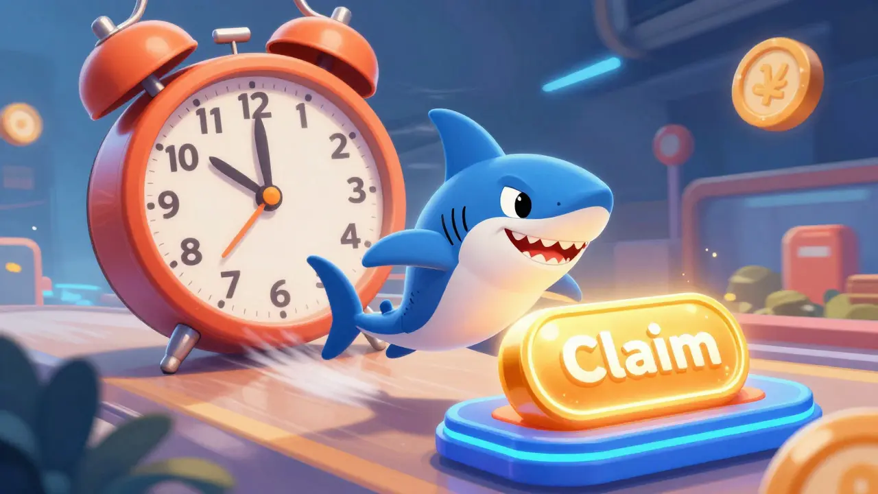 A cartoon shark racing toward a glowing claim button with a ticking clock in the background.