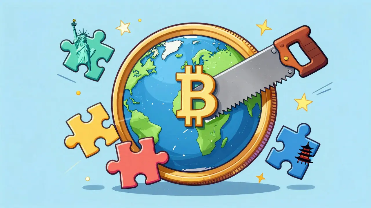 A global crypto coin being split into regional puzzle pieces in a whimsical style.