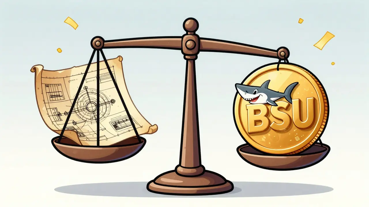 A scale balancing a technical blueprint against a large, smiling Baby Shark cryptocurrency coin.