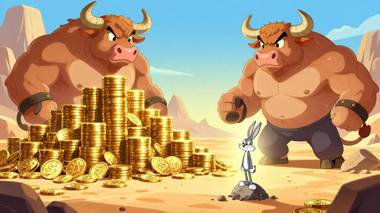 A tiny character standing next to massive mountains of gold coins representing market giants.