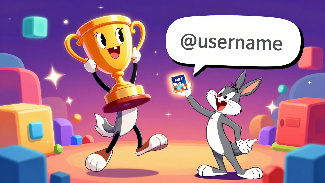 Animated characters sending a digital NFT using a social media handle through a floating wallet.