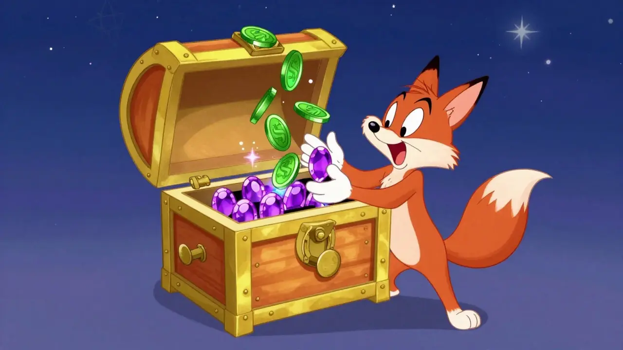 Animated fox puts tokens in a chest that releases rewards and burns others.