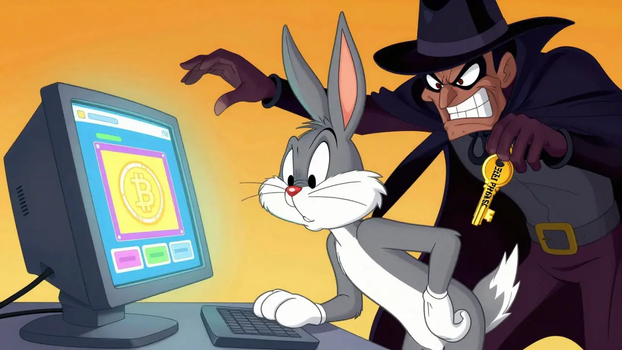 Cartoon character almost losing their seed phrase key to a sneaky thief.