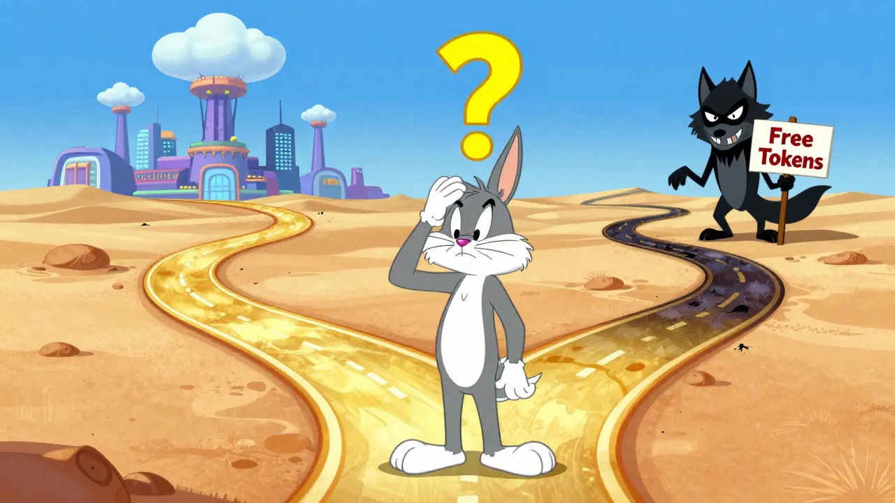 Cartoon character deciding between a path to utility and a suspicious offer.