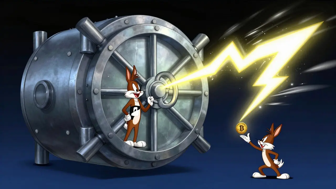Cartoon character guarding a giant steel vault with a tiny electric spark