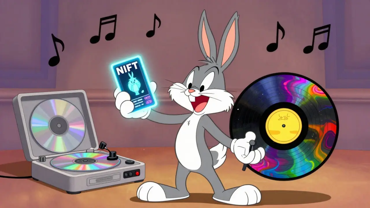 Cartoon character holding a holographic NFT and a colorful physical vinyl record