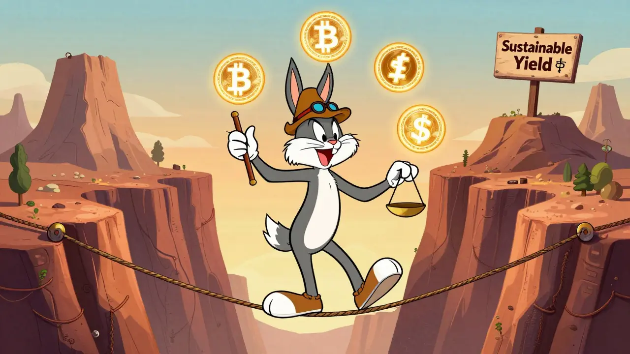 Cartoon character juggling crypto symbols while walking a tightrope