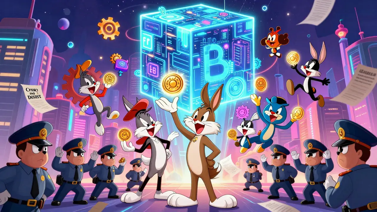 Cartoon characters trading in a floating DeFi city while ignoring government officials below.