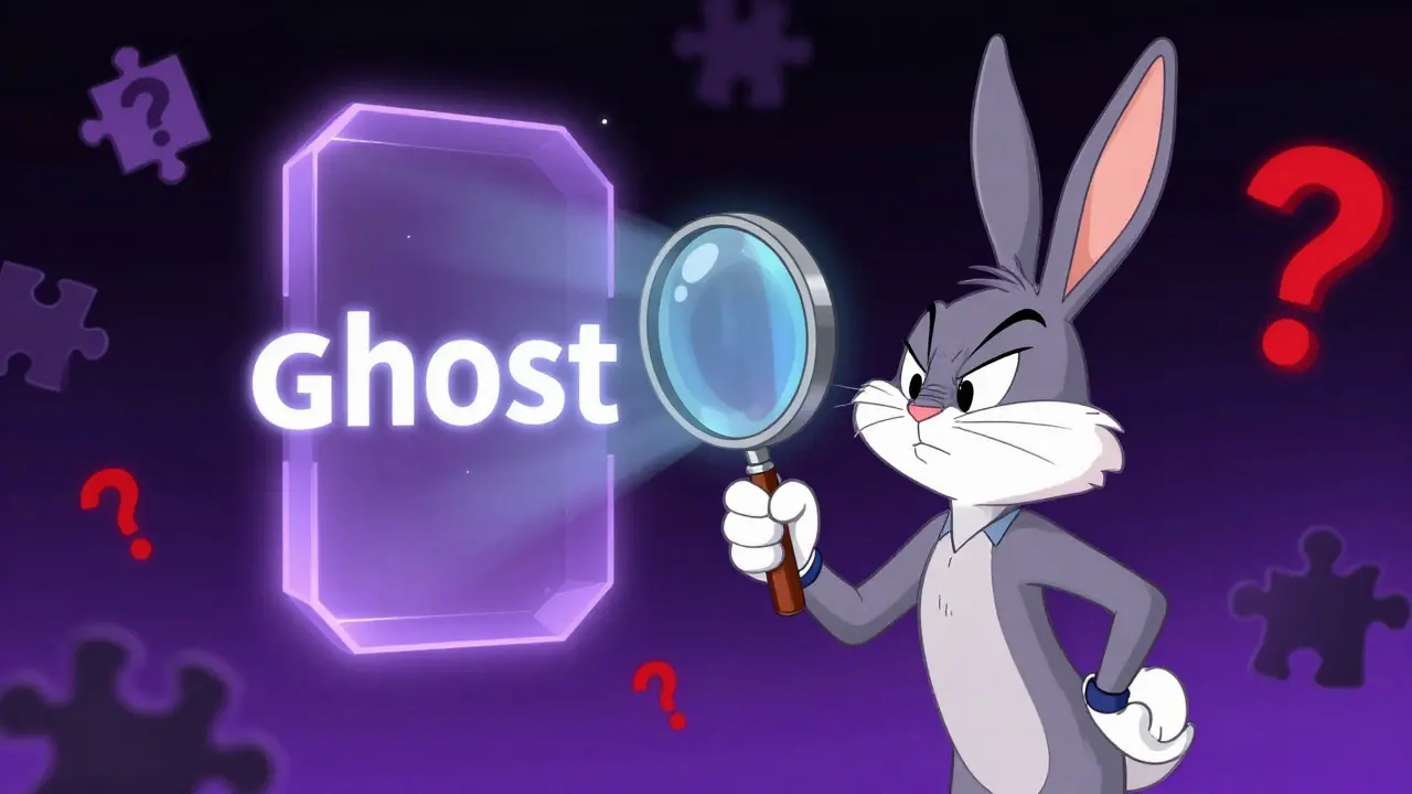 Cartoon detective inspecting a ghostly, empty blockchain with a magnifying glass