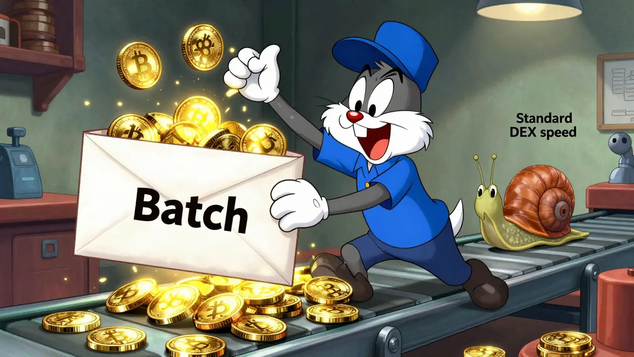 Cartoon postal worker batching glowing coins into an envelope to beat a slow snail