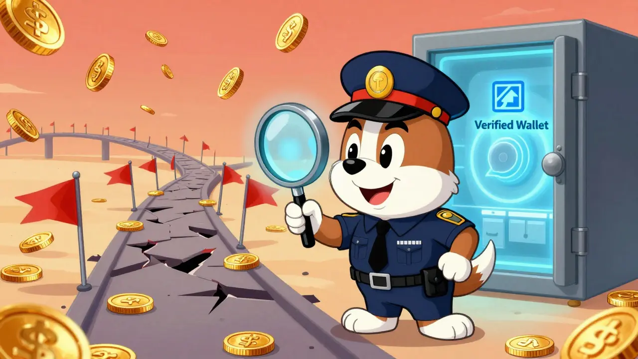 Cartoon security dog inspecting fake crypto traps with a magnifying glass.