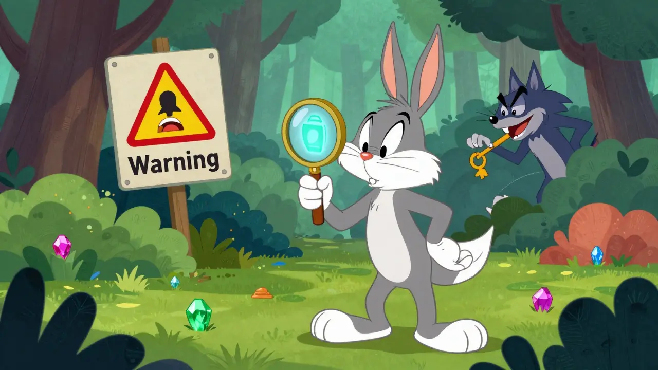 Cartoon treasure hunter searching for digital tokens and NFTs in a colorful virtual forest.