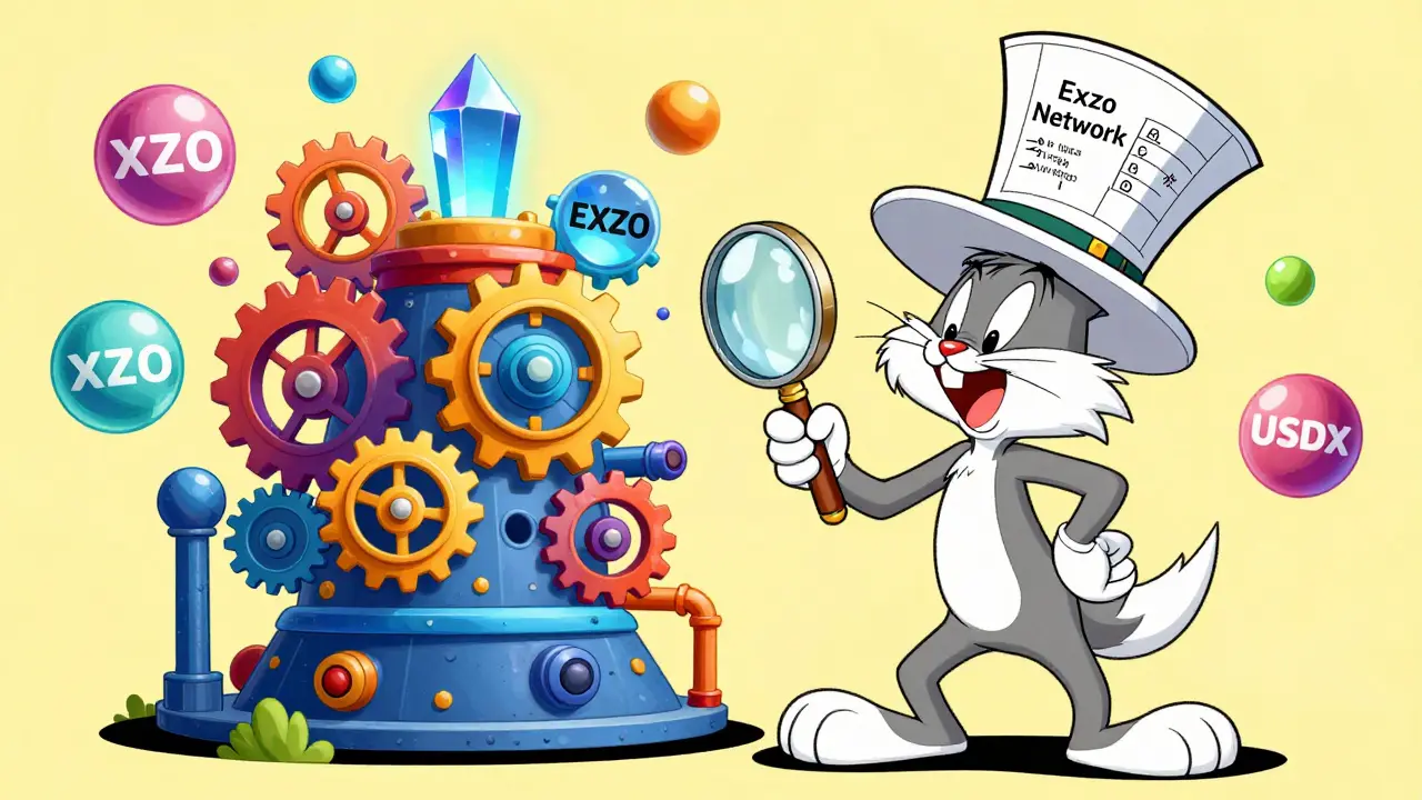 Character examining a whimsical machine representing the Exzo Network ecosystem.