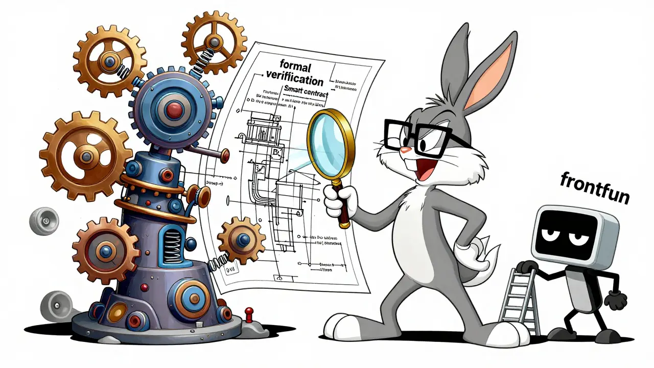 Character inspecting a complex Rube Goldberg machine representing a secure smart contract.