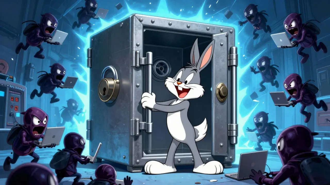 Character protecting their assets with a giant hardware wallet safe and a forcefield.