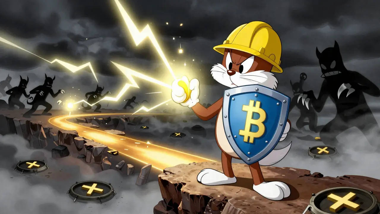 Character with shield guards against market storms and shadowy scammers.