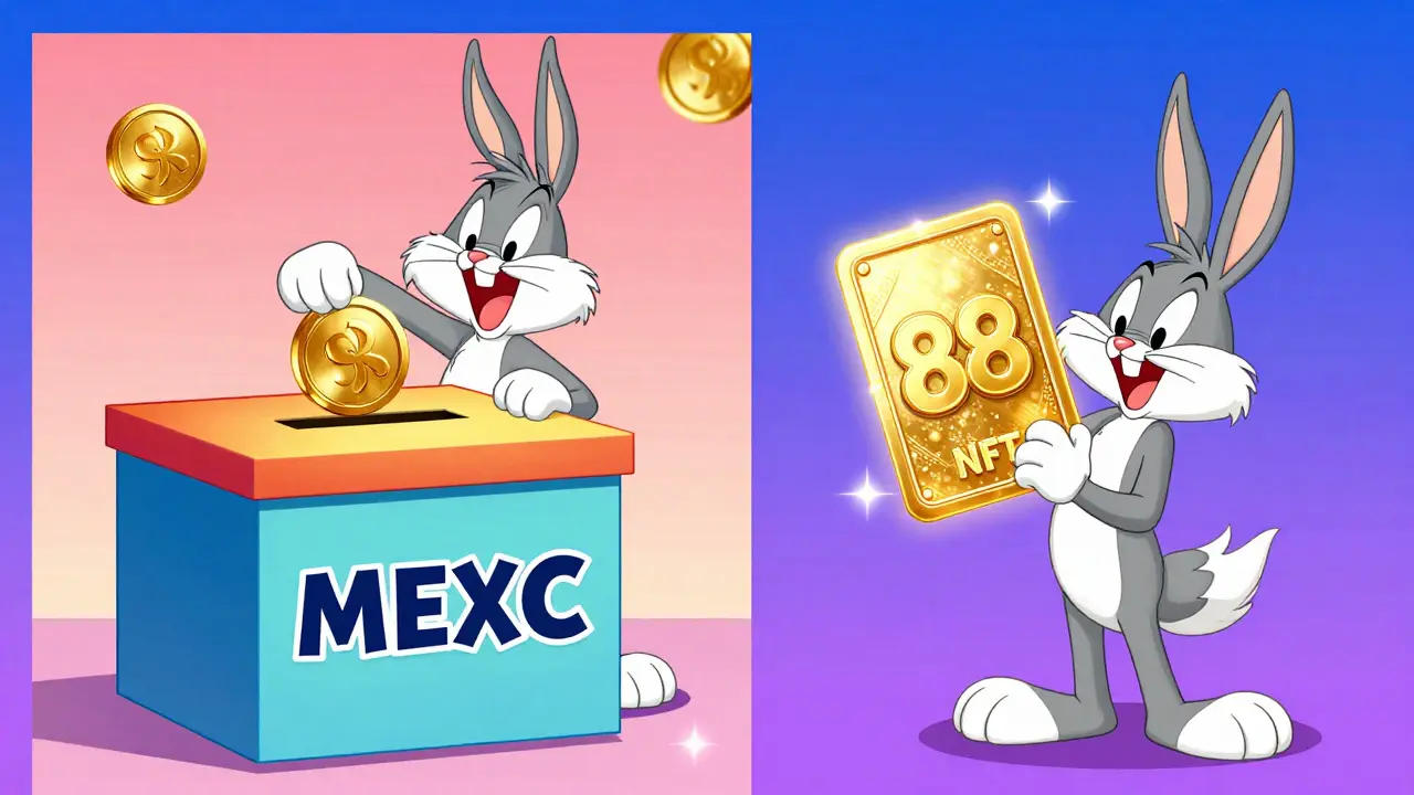 Characters voting with MX tokens and searching for a lucky number 88 NFT in a zany style.