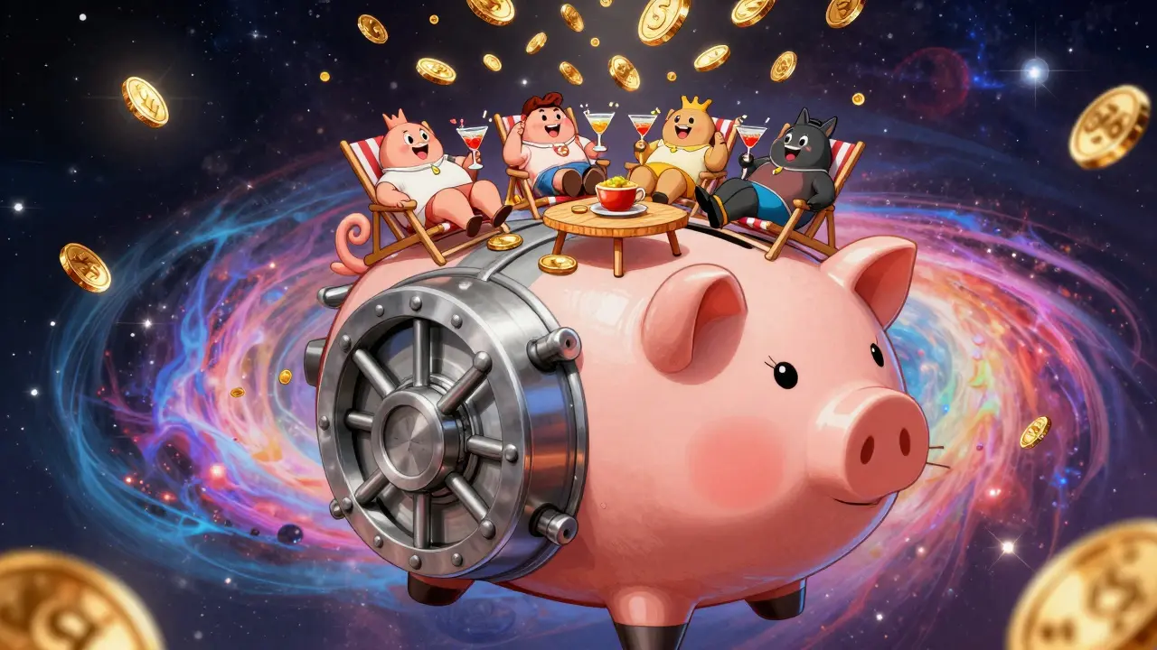 Cheerful characters relaxing on a giant floating digital vault with raining coins.