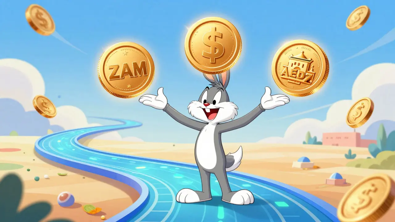 Cheerful ZAM token character balancing ZAM, USDZ, and AEDZ coins on a digital path.