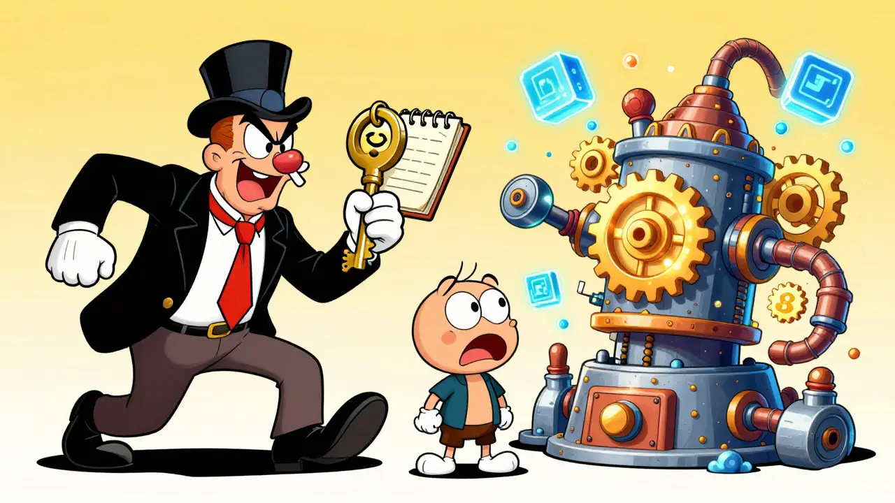 Comparison between a cartoon banker and a complex digital machine