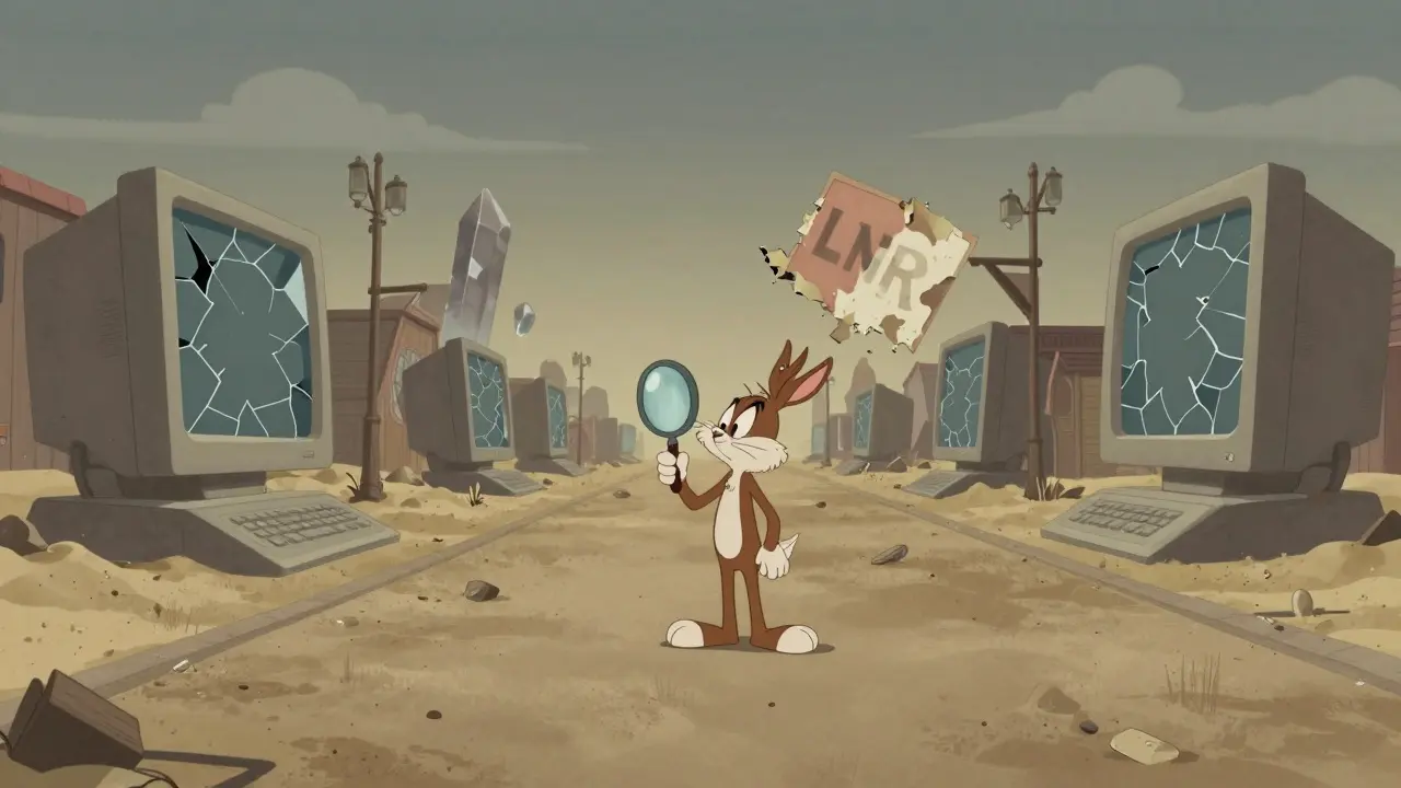 Confused cartoon character in a dusty digital ghost town with a fading LNR sign.