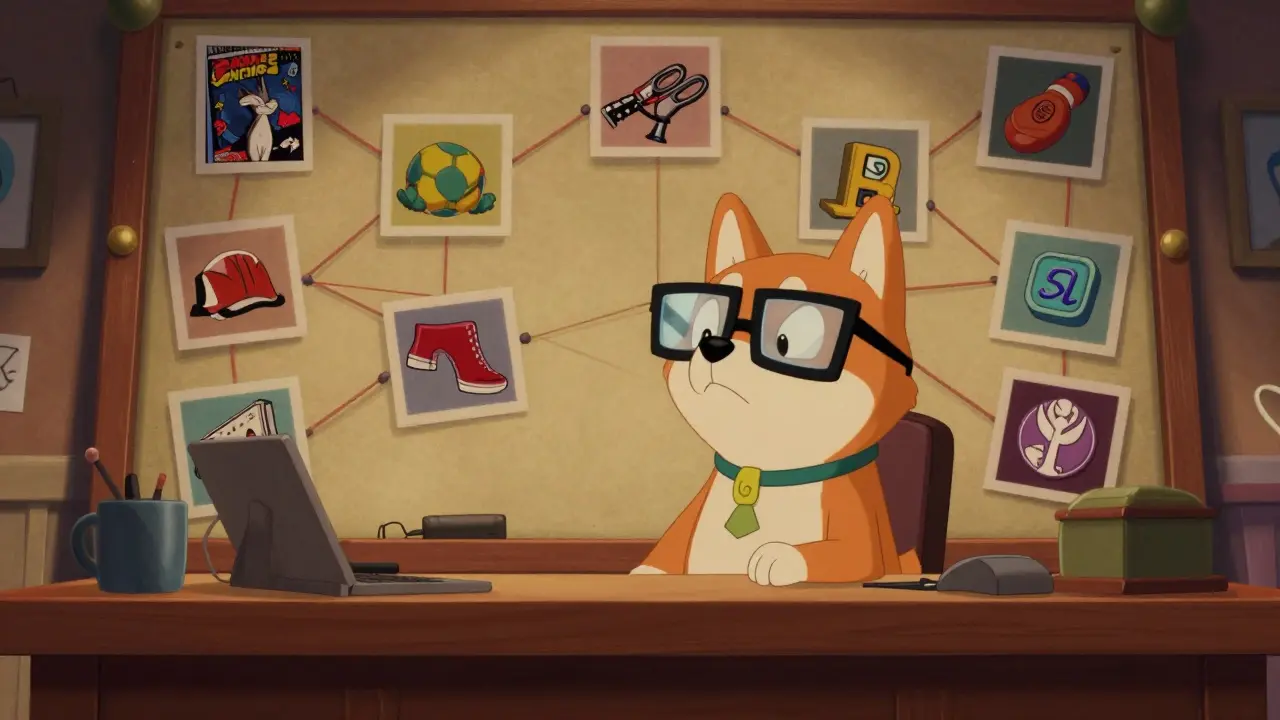 Detective Shiba Inu analyzing a complex web of comics, sports, and tokens on a board.