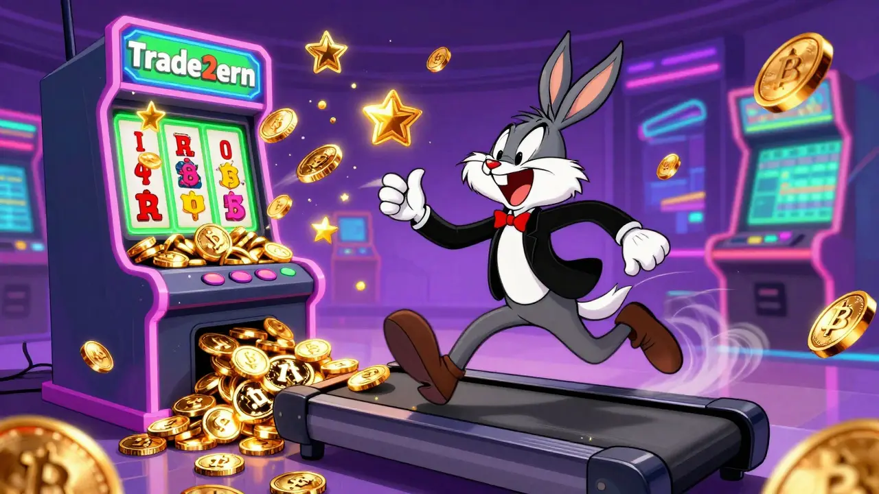Excited cartoon trader earning rewards on a digital coin treadmill in a neon arcade setting.