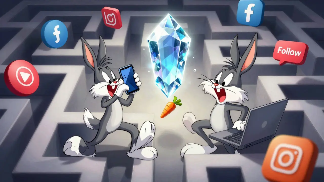 Frantic cartoon character juggling social media icons to reach a floating crystal.