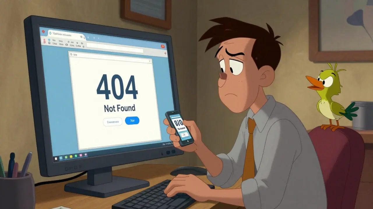 Frustrated cartoon man at a huge computer holding a small phone, missing a mobile app