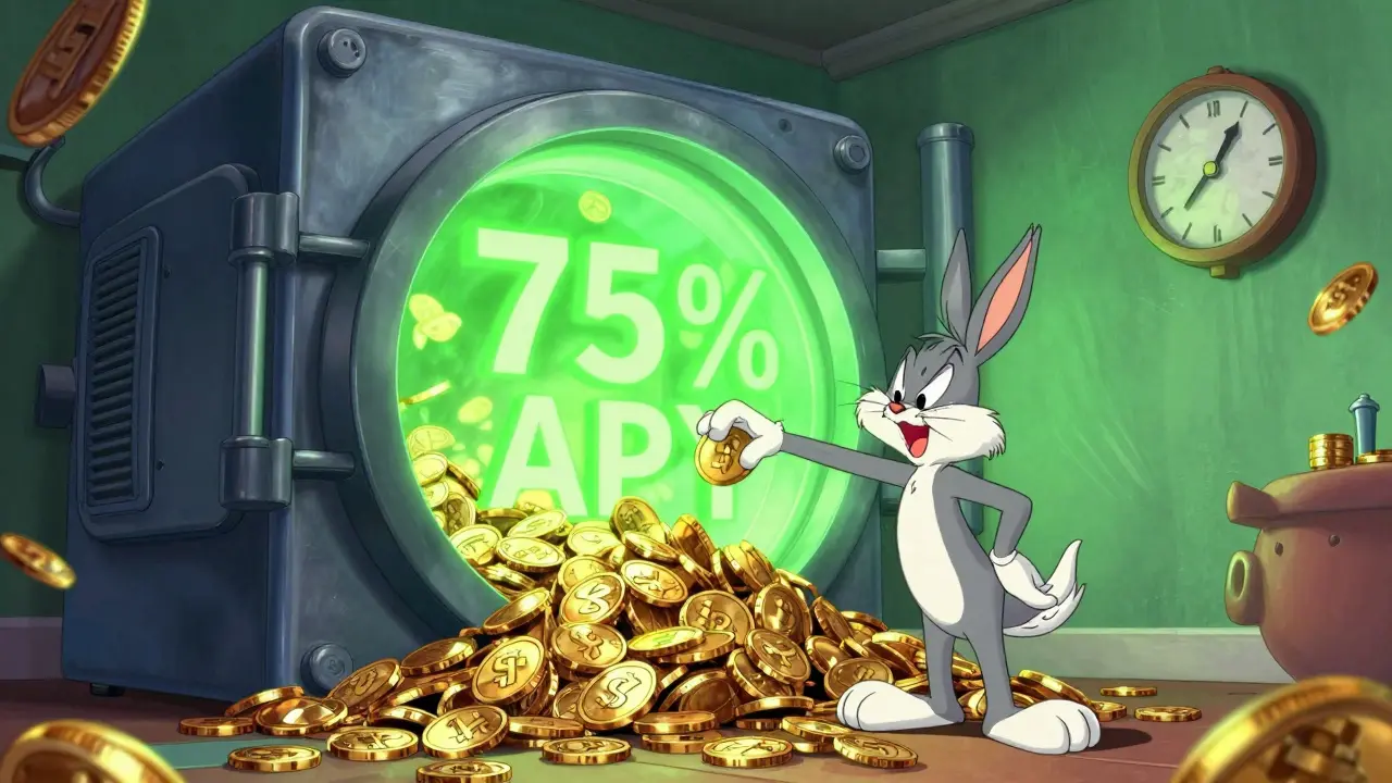 Funny cartoon character putting gold coins into a glowing high-tech staking vault