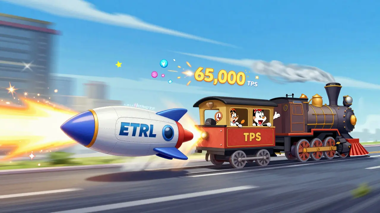 Futuristic ETRL rocket zooming past a slow train to show high transaction speed