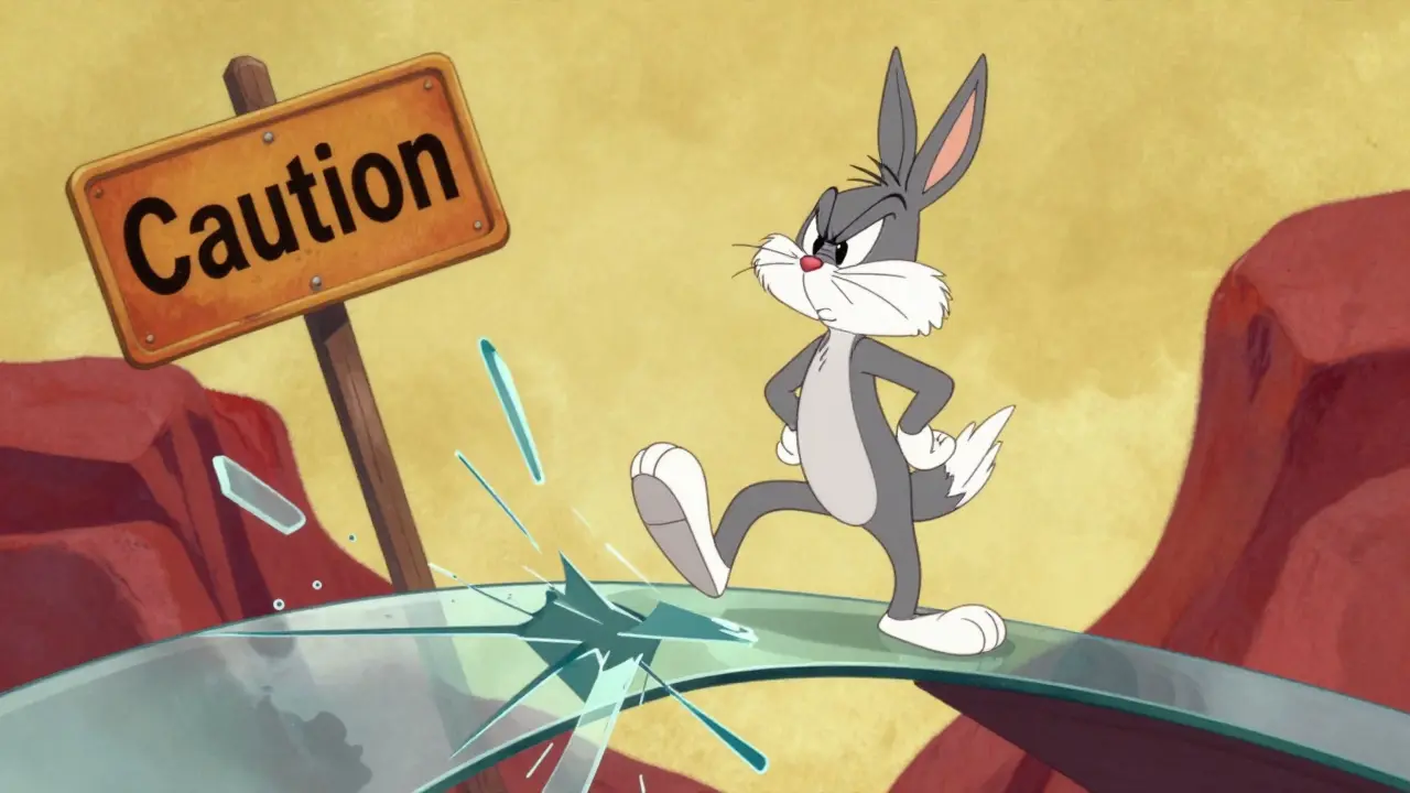 Nervous cartoon character about to walk across a fragile glass bridge.